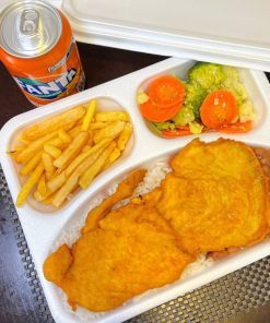 Marmita G, mais refrigerante lata fanta laranja (gelado)